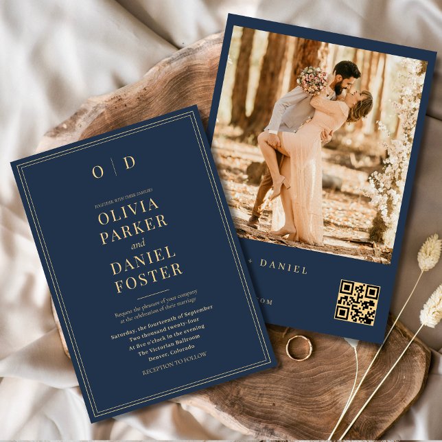 Convites Casamento do Código QR de Foto Dourada Azul do Mar (Criador carregado)