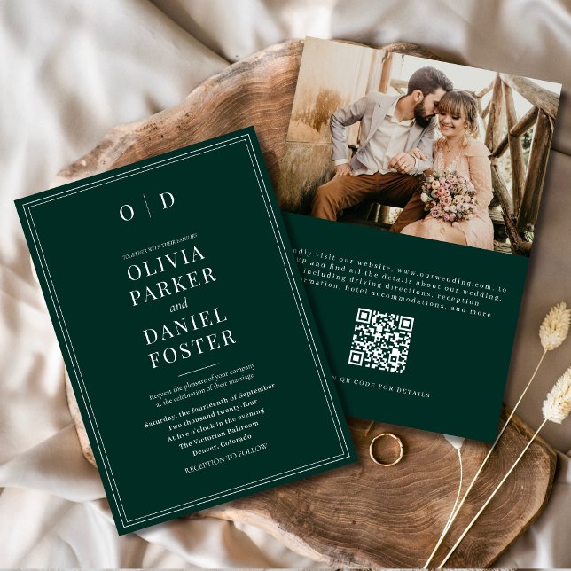 Convites Casamento do Código QR de Foto Verde Elegante Emer (Criador carregado)