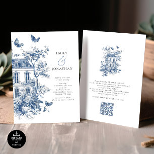 Convites Casamento do Código QR de Toile De Jouy Azul Elega