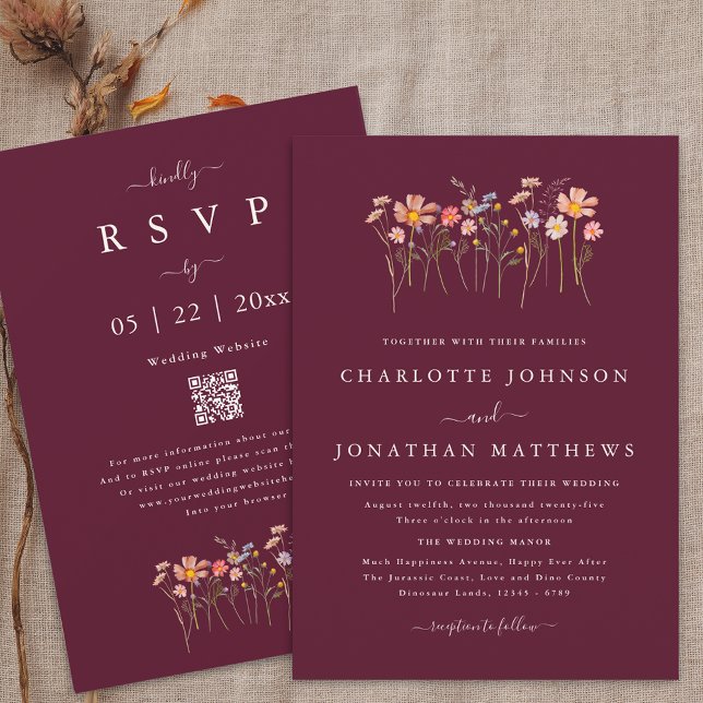 Convites Casamento do Código QR de Wildflower Burgundy & Te (Simple Wildflower meadow burgundy terracotta qr code wedding invitation watercolor flowers elegant)