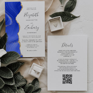 Convites Casamento do Código QR do Agate Dourado Real Azul