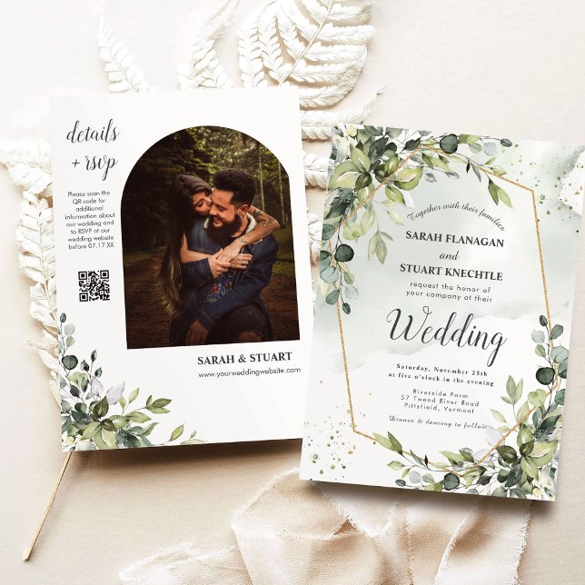 Convites Casamento do Código QR do Arch Eucalyptus Verde Ru (Rustic Green Eucalyptus Arch Photo QR Code Wedding Invitation)