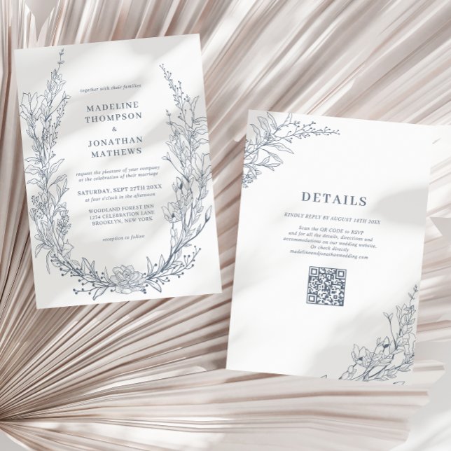 Convites Casamento do Código QR do Azure Ivory Floral Wreat (Criador carregado)