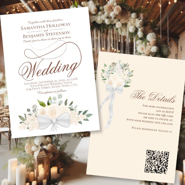 Convites Casamento do Código QR do Buquê Floral de Pessel E (Front/Back)
