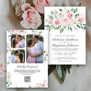 Convites Casamento do Código QR do Buquê Floral Rosa-Blush