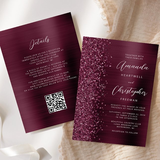Convites Casamento do Código QR do Glam Burgundy Brushing M (Criador carregado)