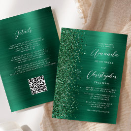 Convites Casamento do Código QR do Glam Emerald Green Brush