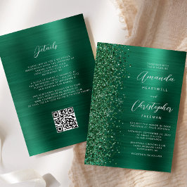Convites Casamento do Código QR do Glam Emerald Green Brush