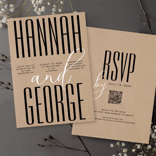 Convites Casamento do Código QR do Kraft Rústico Negro Mode (Unique black & kraft rustic QR code RSVP wedding invitation with script and large bold typography )