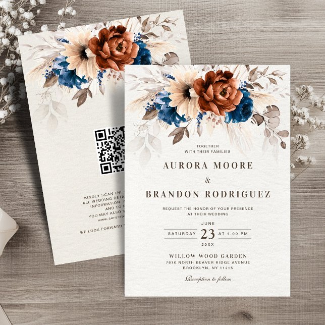 Convites Casamento do Código QR do Marinho Terracotta Blue  (Terracotta Navy Blue Pampas Grass Botanical QR code Wedding Invitation)