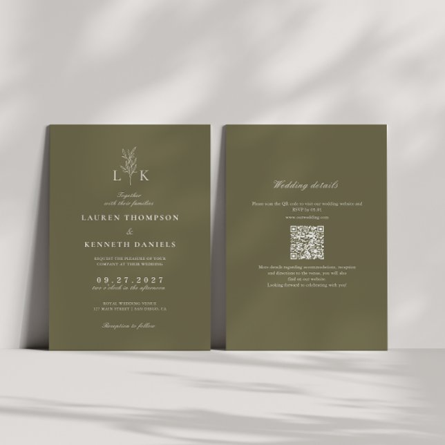 Convites Casamento do Código QR do Monograma de Folha Verde (Criador carregado)