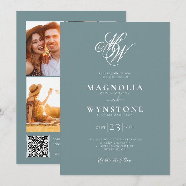 Convites Casamento do Código QR do Monograma Elegante (Frente/Verso)