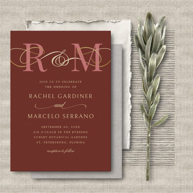 Convites Casamento do Código QR do Monograma Terracotta (Criador carregado)