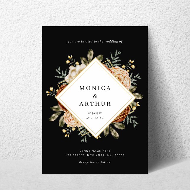 Convites Casamento do Código QR do Quadro Floral e Dourado  (Criador carregado)