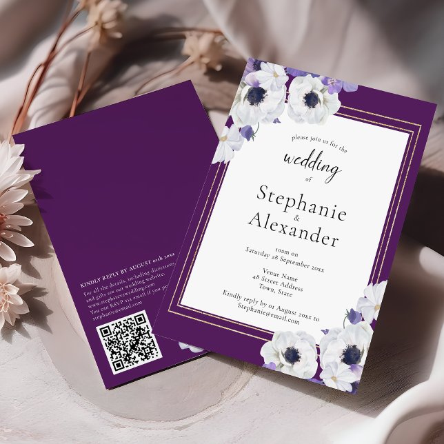 Convites Casamento do Código QR do Quadro Floral Roxo Real (Criador carregado)