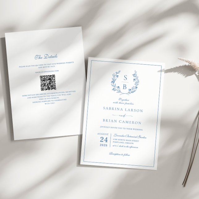 Convites Casamento do Código QR do Real Blue Monograma Wrea (Criador carregado)
