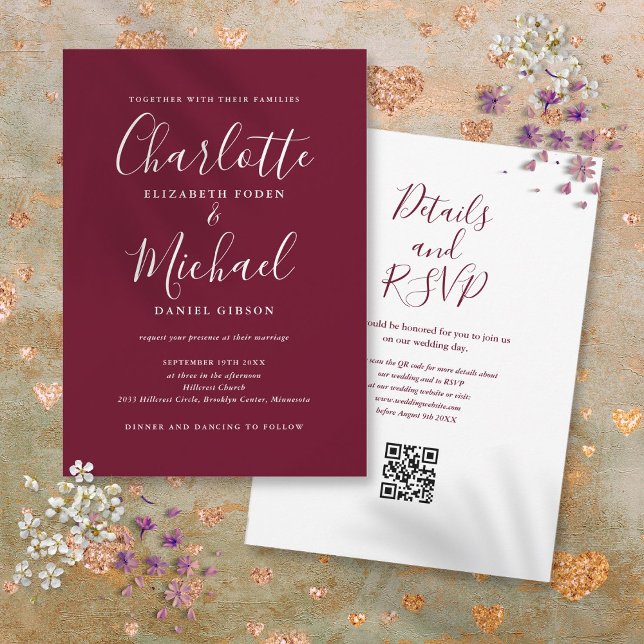 Convites Casamento do Código QR do Vinho da Borgonha Elegan (Elegant Script Burgundy Wine QR Code Wedding Invitation)