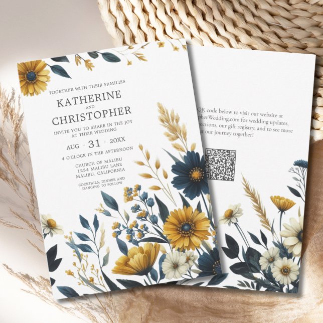 Convites Casamento do Código QR Elegante de Flor Amarelo Az (Blue Yellow Wildflowers Elegant Wedding Invitation with QR Code for Wedding Website.)
