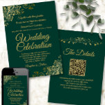 Convites Casamento do Código QR Elegante Verde Emerald dos<br><div class="desc">Este belo convite de casamento é na moda, simples e elegante. Ele apresenta letras douradas em um fundo verde esmeraldo com filtro de folhas florais em cada canto. A design subestimada é compensada pelas ampolas e espirais do trabalho de arte. A parte traseira tem um código QR personalizável e uma...</div>