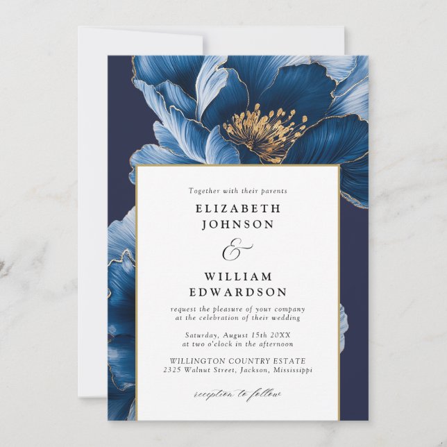 Convites Casamento do Código QR Floral Azul Dourado do Mari (Frente)