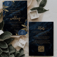 Casamento do Código QR Floral Azul Dourado Elegant