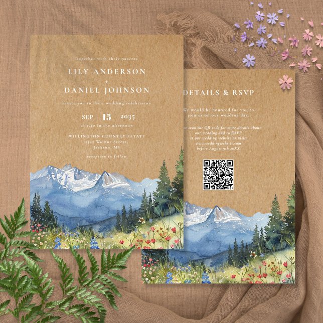 Convites Casamento do Código QR Floral da Montanha Rustic W (Rustic Watercolor Mountain Floral QR Code Wedding Invitation)