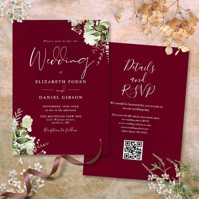 Convites Casamento do Código QR Floral de Borgonha Greenery (Burgundy Greenery Floral QR Code Wedding Invitation)