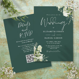 Convites Casamento do Código QR Floral de Emerald Greenery