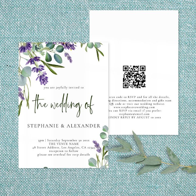 Convites Casamento do Código QR Floral de Lavanda Roxo Eleg (Criador carregado)