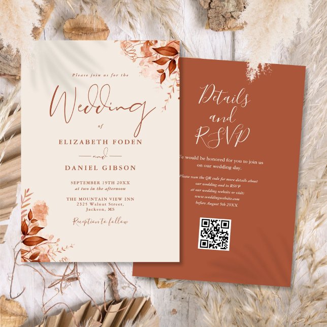 Convites Casamento do Código QR Floral de outono Russo (Rustic Autumn Fall Floral QR Code Wedding Invitation)