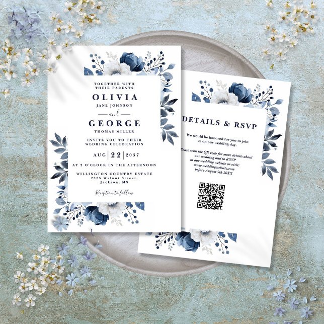 Convites Casamento do Código QR Floral Floral Elegante mari (Navy Blue and White Elegant Floral QR Code Wedding Invitation)