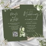Convites Casamento do Código QR Floral Floral Verde Oleícol<br><div class="desc">Esta elegante vegetação botânica verde-oliva deixa o convite para casamento pode ser personalizado com suas informações em tipografia química com seus detalhes do site de casamento e seu código QR no verso. Projetado por Thisnotme©</div>