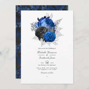 Convites Casamento do Código QR Floral Real Azul, Preto e P