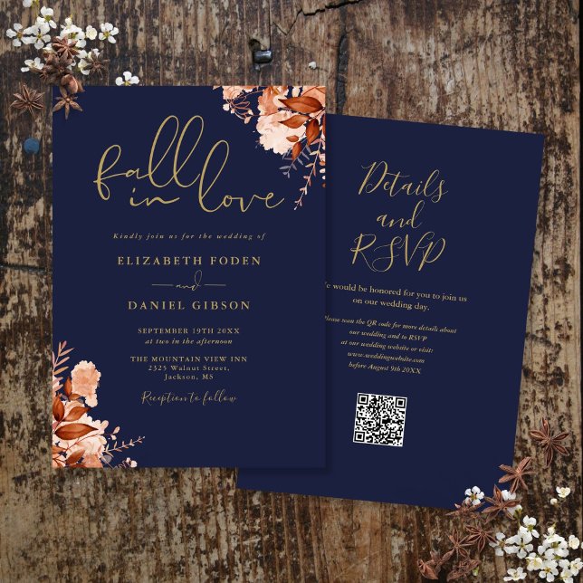 Convites Casamento do Código QR Floral Rústico Rústico e ma (Navy Blue And Gold Rustic Floral QR Code Wedding Invitation)
