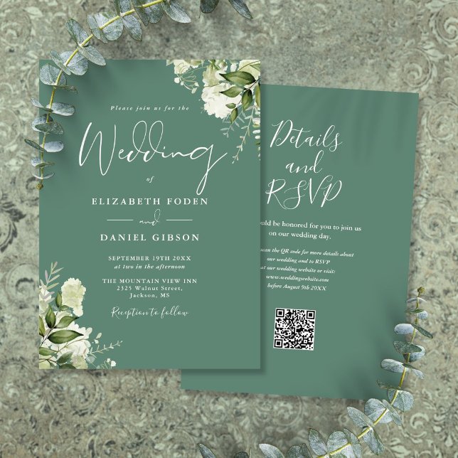 Convites Casamento do Código QR Floral Verde Eucalyptus (Eucalyptus Green Floral QR Code Wedding Invitation)