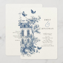 Convites Casamento do Código QR Rustic Blue Toile De Jouy