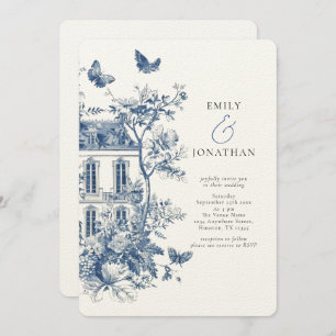 Convites Casamento do Código QR Rustic Blue Toile De Jouy
