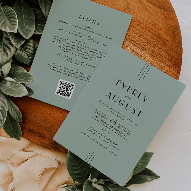 Convites Casamento do Código QR Verde da Deco da Arte Moder (EVERLY Modern Art Deco Sage Green QR Code Wedding Invitation)