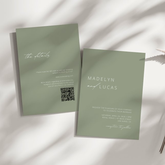 Convites Casamento do Código QR Verde da Sage Moderna Minim (Criador carregado)