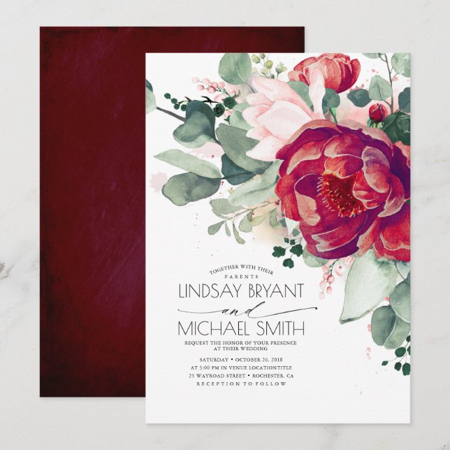Convites Casamento do Elegante Floral Elegante Burgundy Red (Frente/Verso)