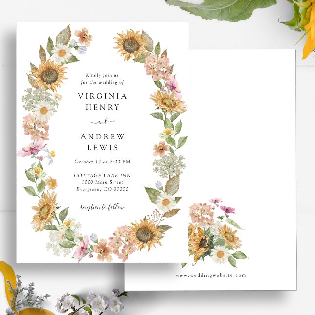 Convites Casamento do Girassol (Elegant Sunflower Wildflower Watercolor Wreath Wedding Invitation by Painted Paperie)