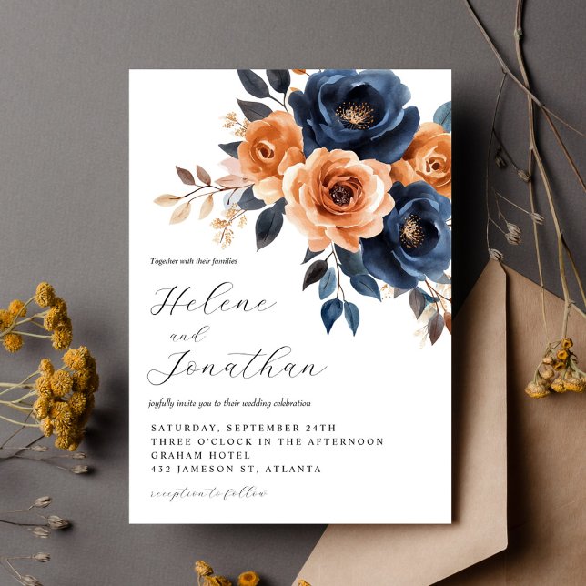 Convites Casamento do Jardim Azul Terracotta, Marinho Flora (Elegant Floral Navy Blue Terracotta Garden Wedding Invitation)