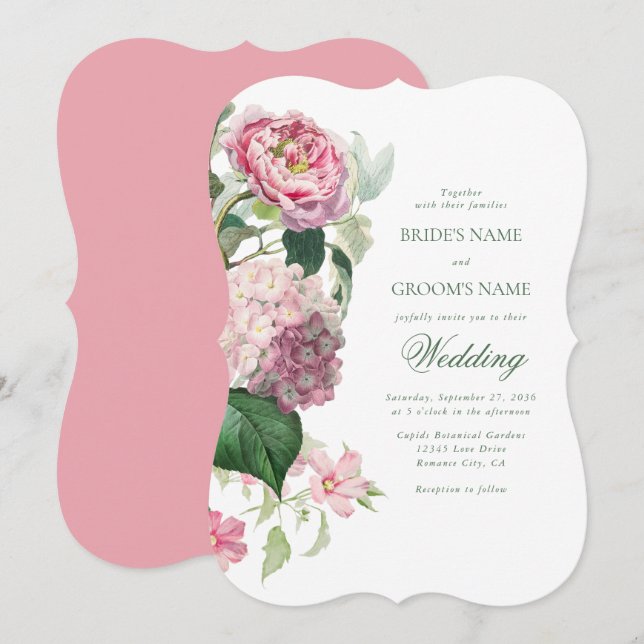 Convites Casamento do Jardim das Flores Rosa Romântica com  (Frente/Verso)
