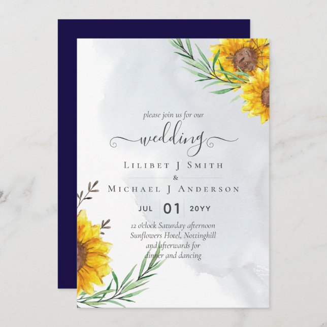 Convites Casamento do Jardim de Madeira Russo com Girassóis (Frente/Verso)