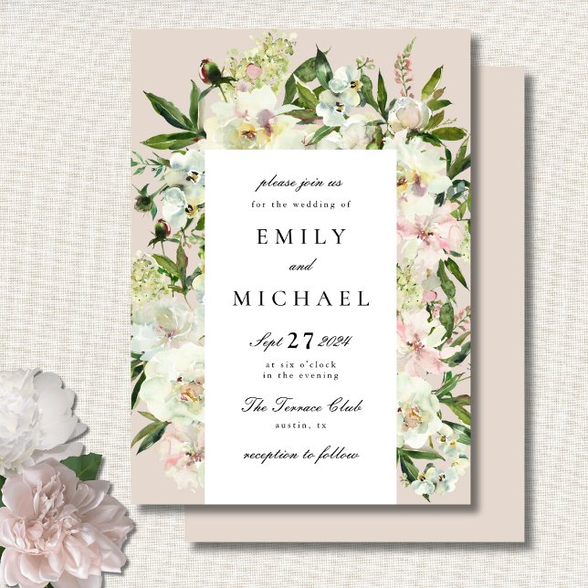 Convites Casamento do Jardim de Pedônia de Blush Branco Ele (Criador carregado)