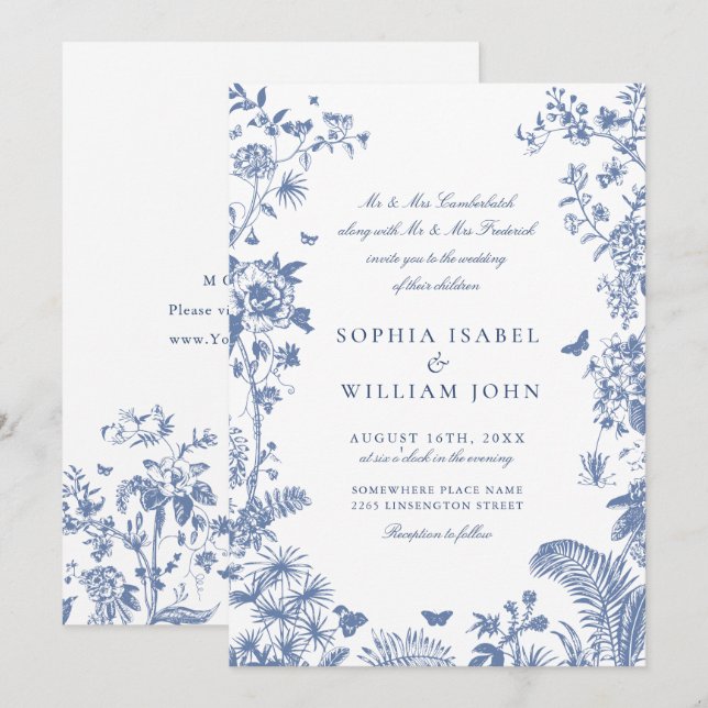 Convites Casamento do Jardim Francês Azul Elegante (Frente/Verso)