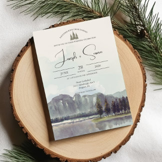 Convites Casamento do Lago Watercolor Mountain Forest Trees