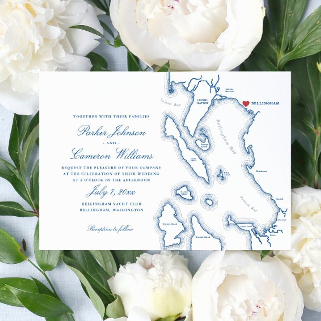 Convites Casamento do Mapa Elegante Bellingham Washington (Elegant Bellingham Washington  Map wedding invitation in navy blue from Coastal Map Designs)