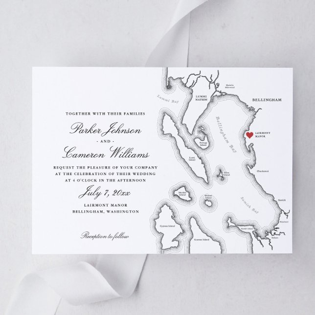 Convites Casamento do Mapa Elegante Lairmont Manor Bellingh (Elegant Bellingham Washington Lairmont Manor Wedding Invitation in black and white)