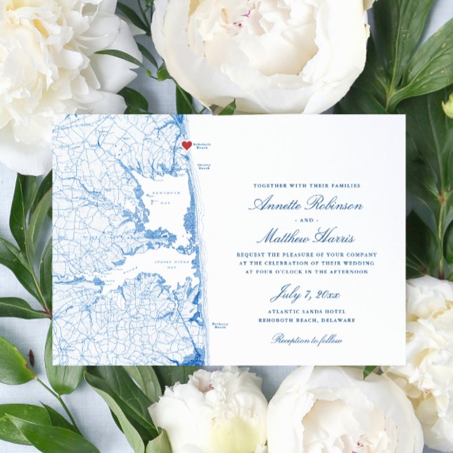 Convites Casamento do Mapa Elegante Rehoboth Beach Delaware (Elegant Rehoboth Beach Delaware Wedding invitation with navy blue map from Coastal Map Designs)